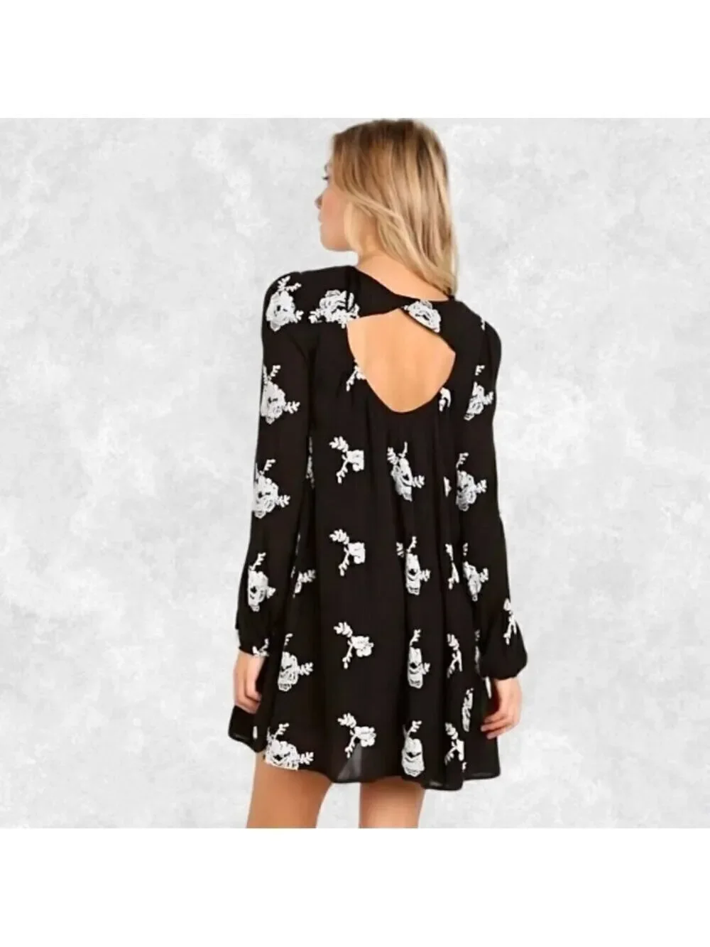 Free People Emma Flare Dress Crinkled Gauze Floral Keyhole Back Black & White S